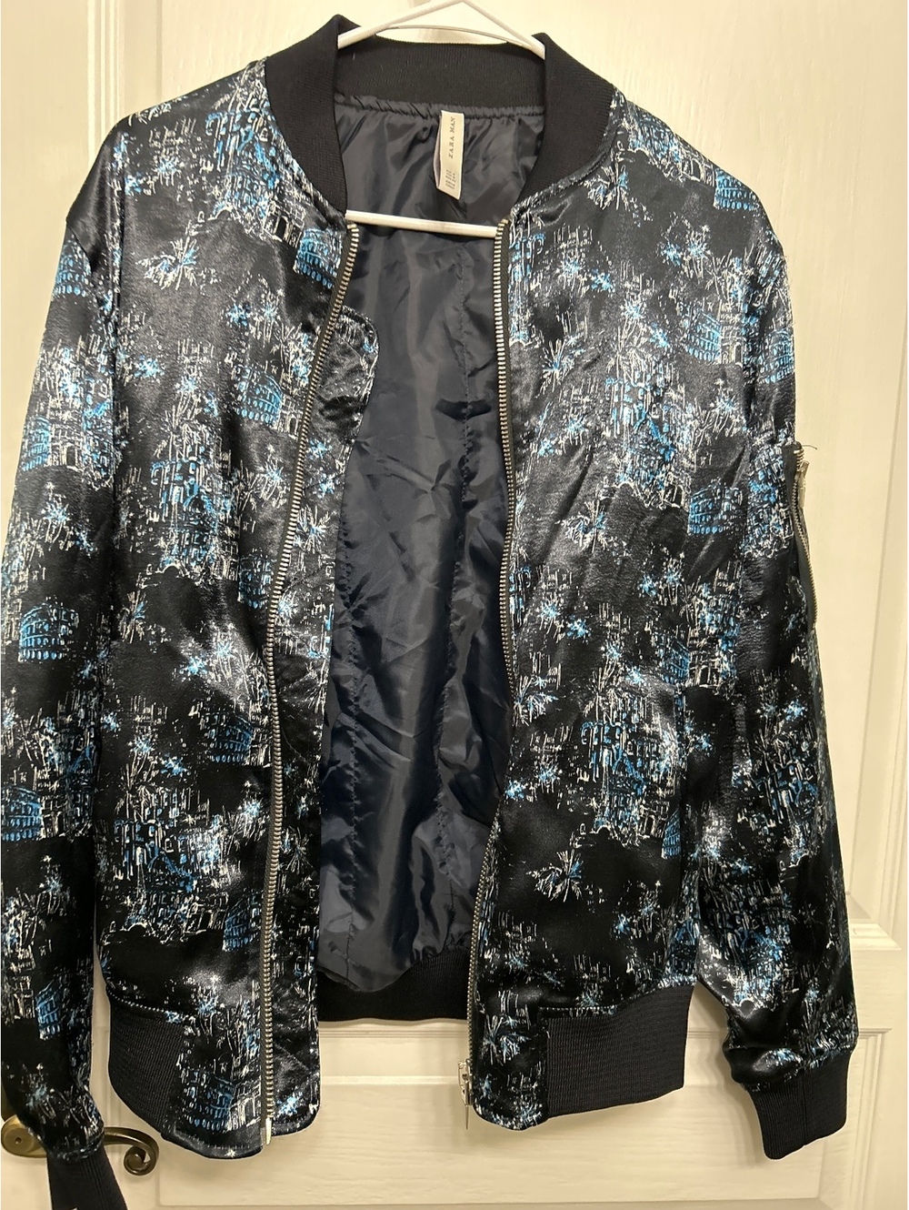 Zara Woman Satin Bomber Jacket with Abstract Print, Size Medium